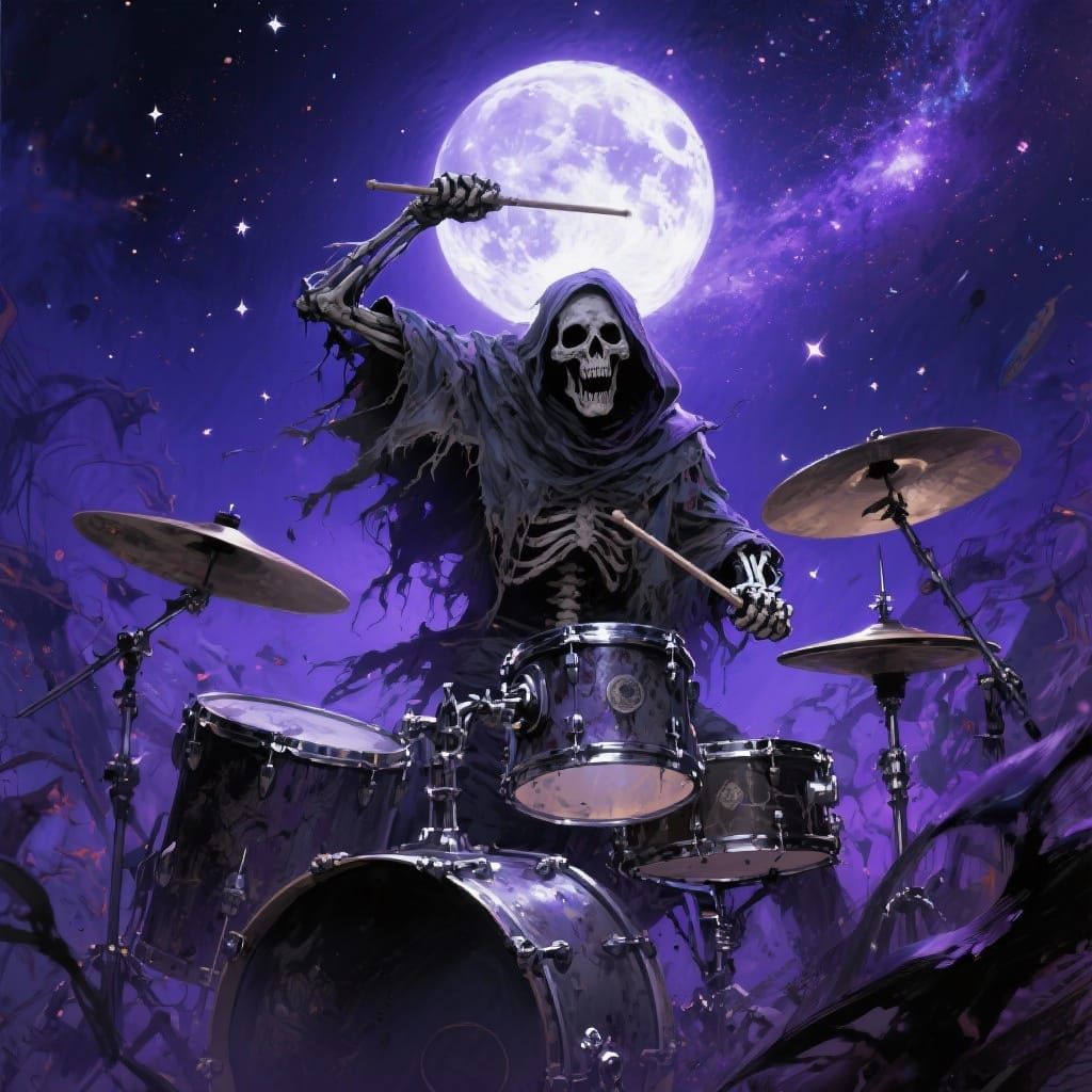 Skeleton Drummer Under Full Moon in Dark Fantasy Style