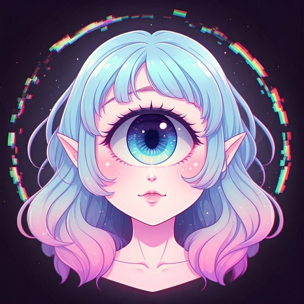 Ethereal Anime Cyclops Girl with Vibrant Rainbow Aura