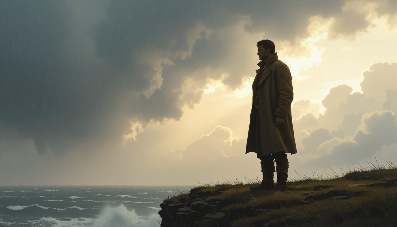 Resilient Figure on Windswept Cliff in Dramatic Lighting