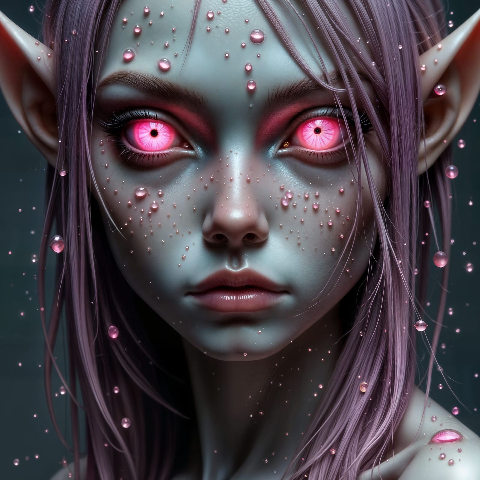 White Goblin Woman with Striking Pink Eyes