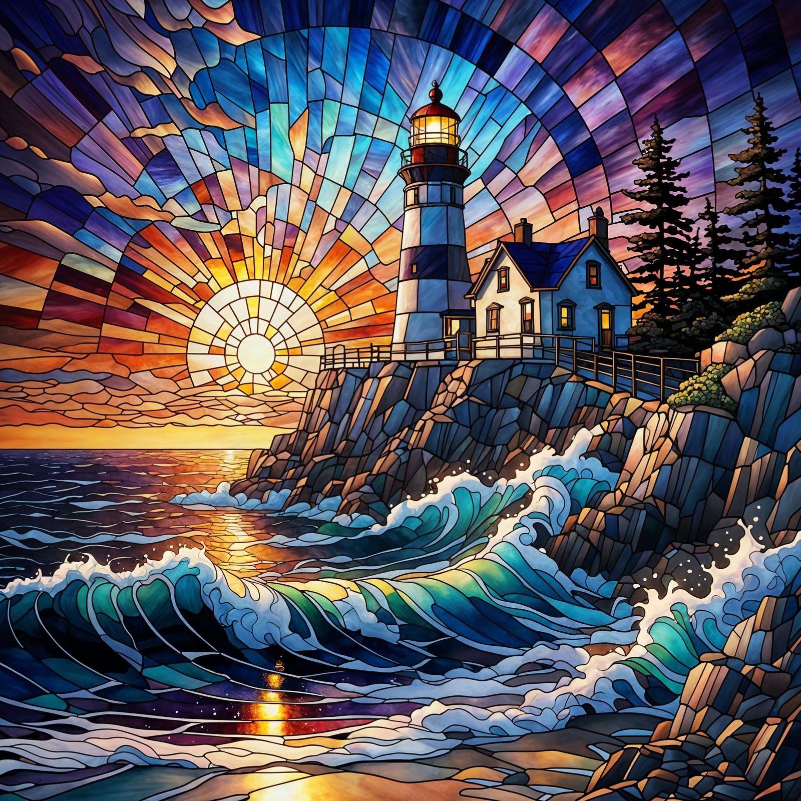 Stained Glass Lighthouse at Night