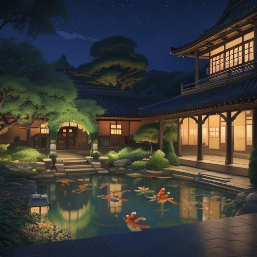Koi Pond at Night: Studio Ghibli Anime Style