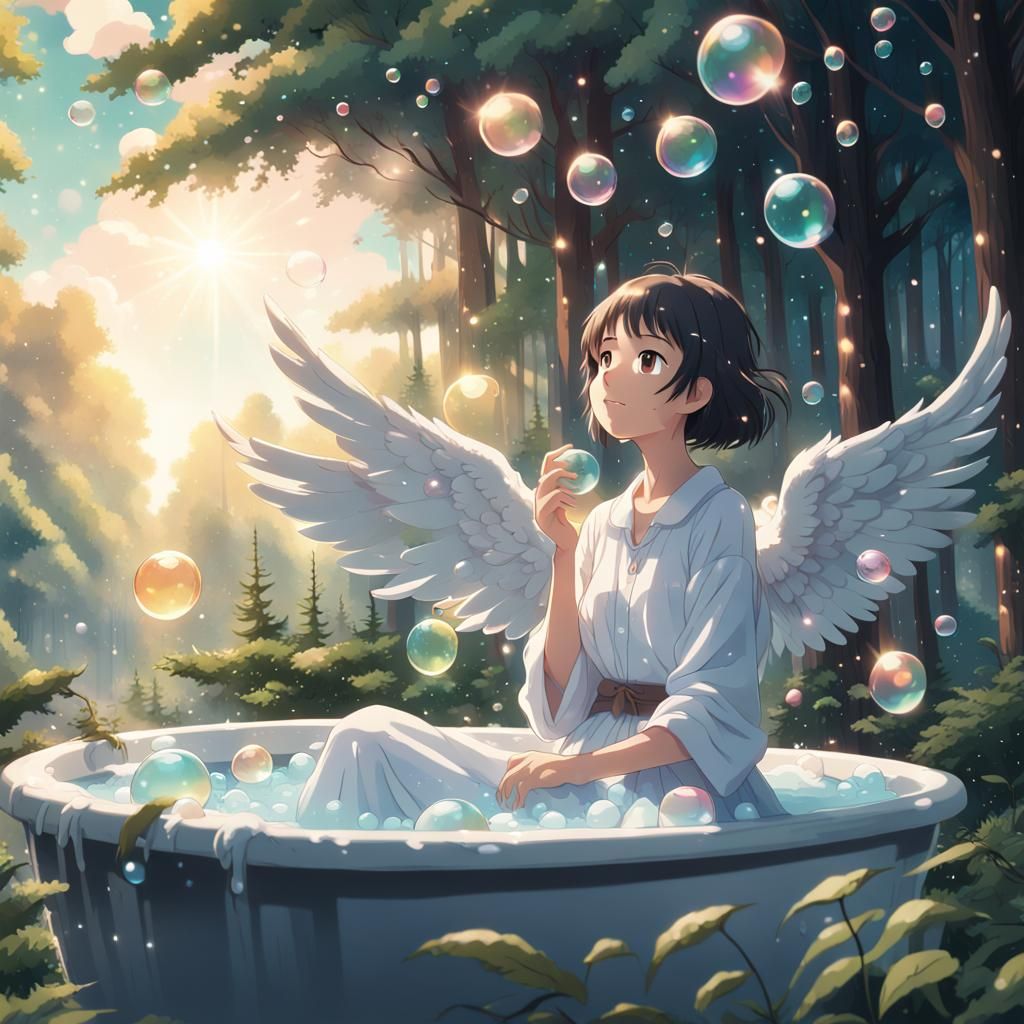 Angel Girl Bubble Bath in Ghibli Anime Style