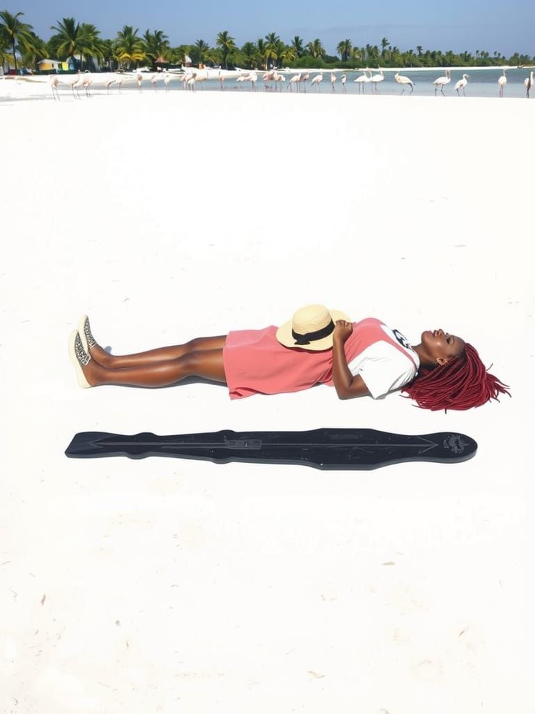 Woman Relaxing on Beach with Flamingos in Photorealistic Sty...