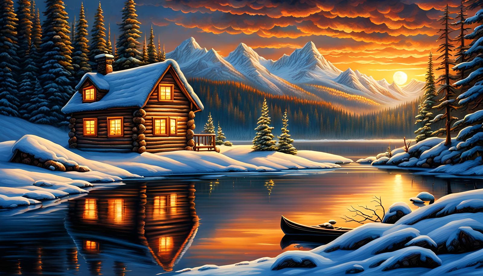 Snowy Lakeside Cabin at Sunrise in Hyperrealistic Style