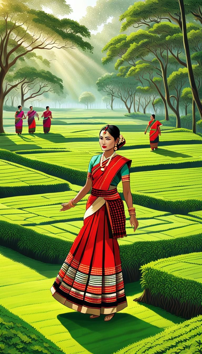 Assamese Bihu Dancers in Tea Garden, Cultural Illustration