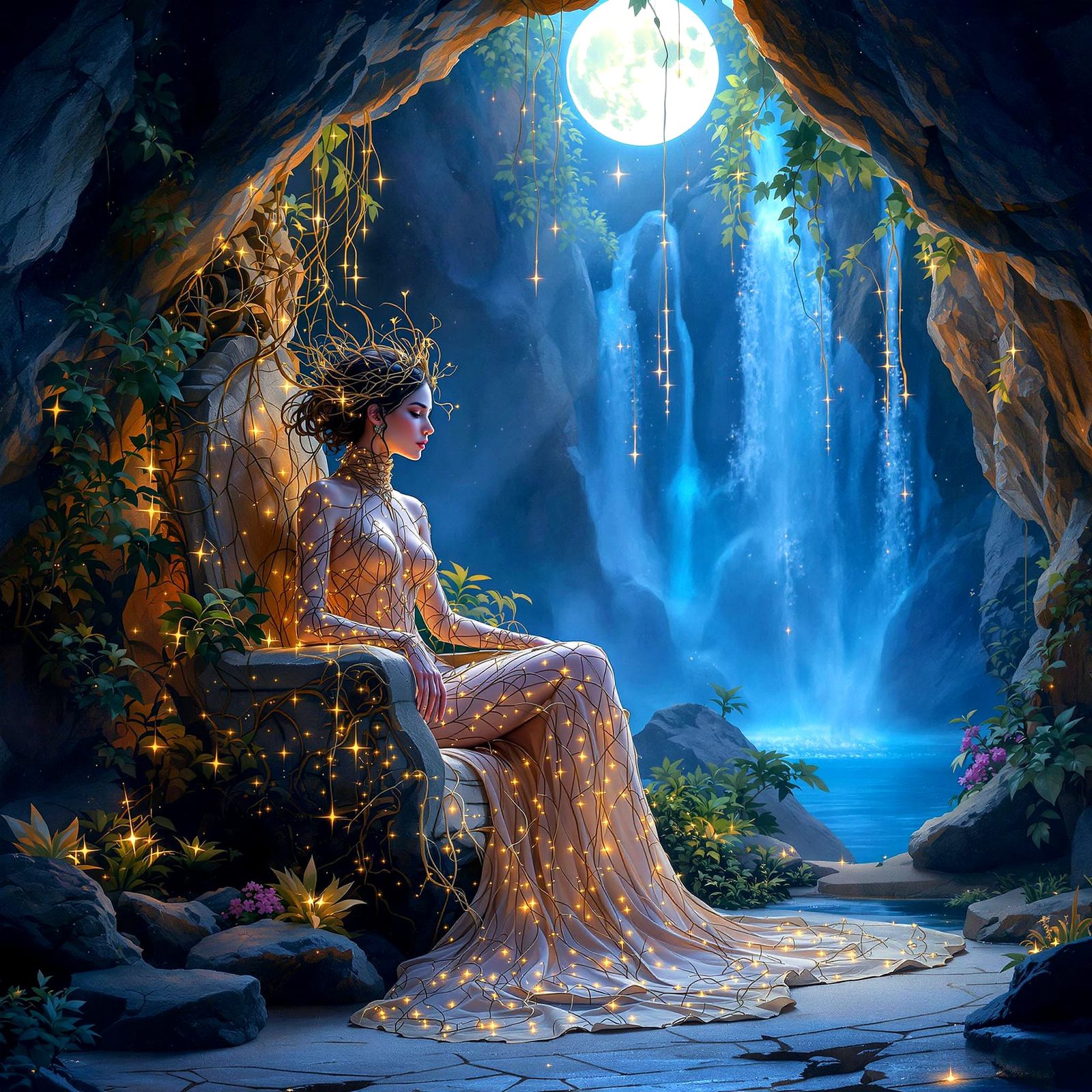 Dryad Queen on Stone Throne in Ethereal Grotto