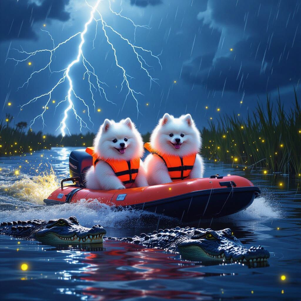 Pomeranians in Life Jackets on Everglades Airboat with Gator...