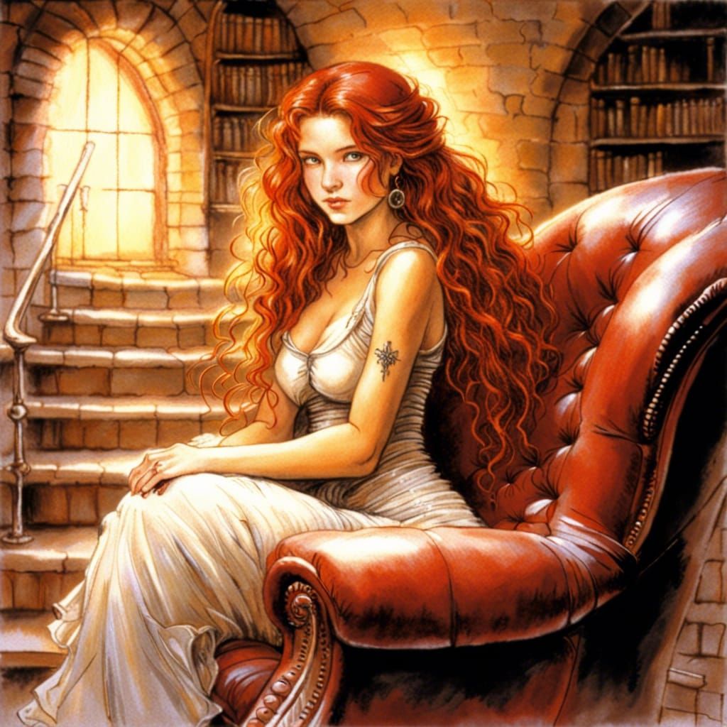 Red-Haired Woman Relaxing by Fireplace in Royo Style