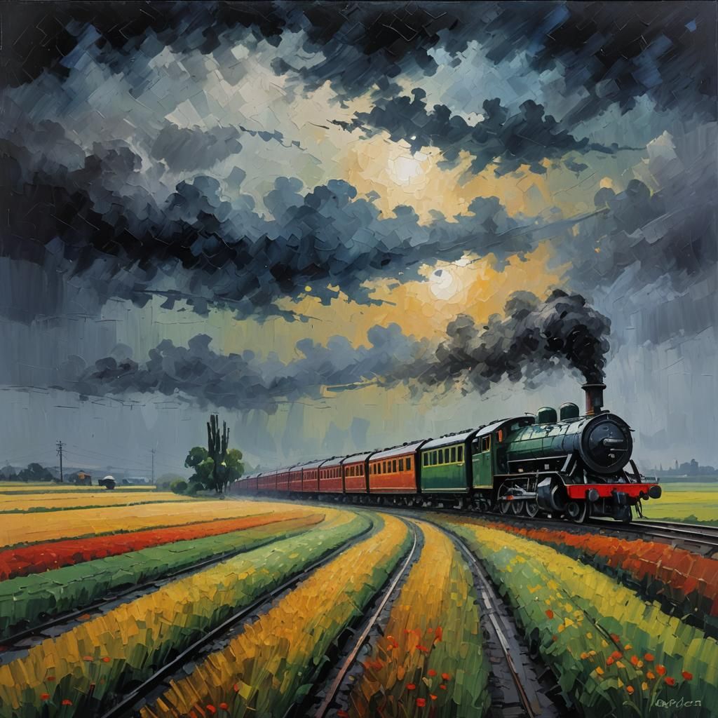 Night Train Through Fields: Neo-Impressionist Oil Painting