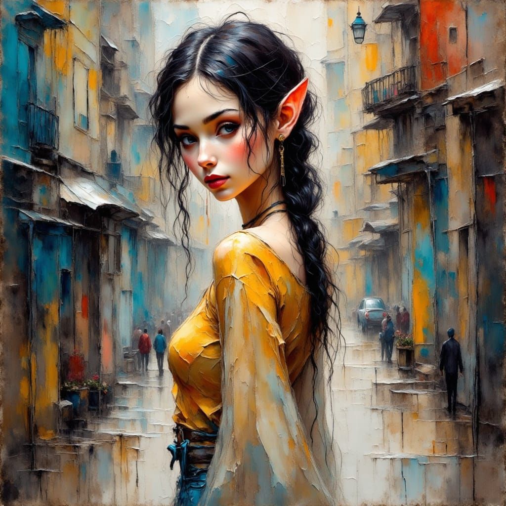 Elven Woman in Fantasy Street as Impasto Painting