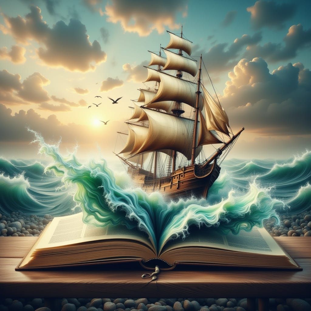 Ocean Wave Pirate Ship Emerges from Open Book