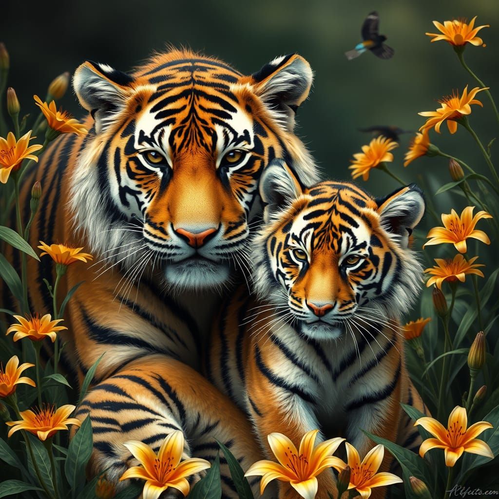 Tiger and Cub Among Tiger Lilies