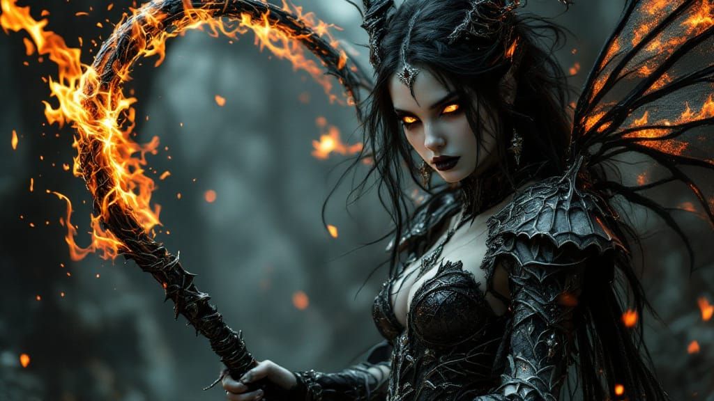Gothic Fairy with Fiery Whip in Dark Fantasy Style