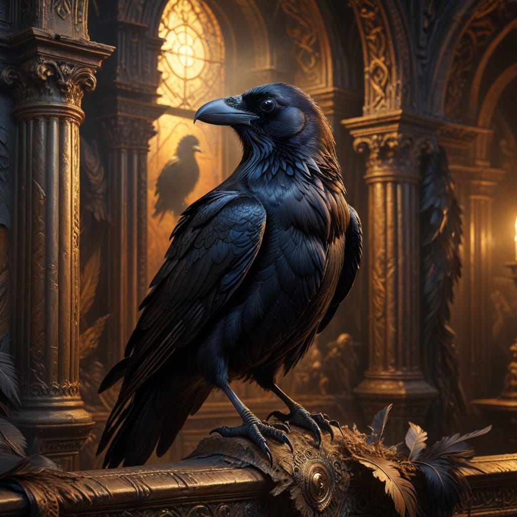 Gothic Raven in Renaissance Oil Painting Panorama