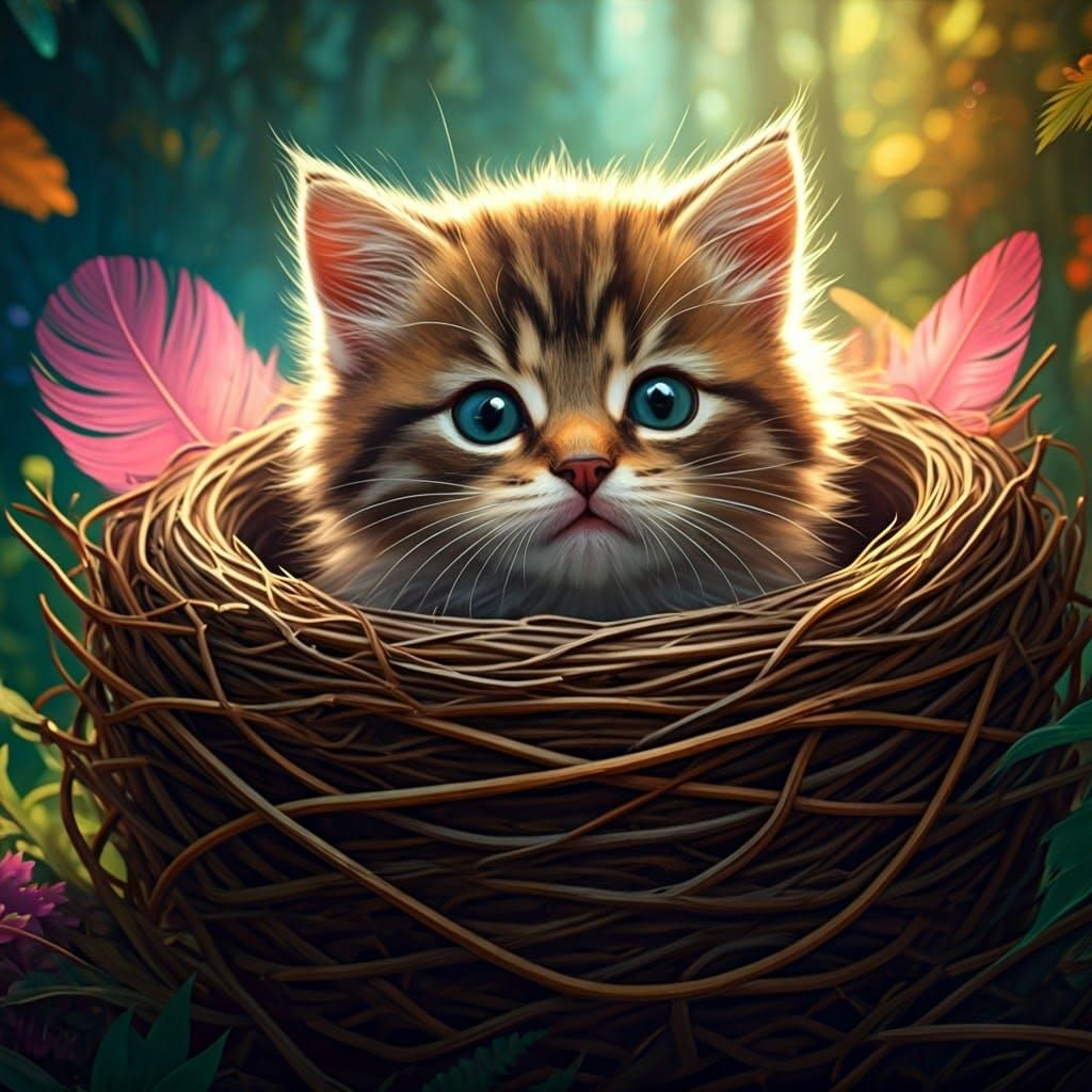 Kitten in Bird Nest: Magical Realism Concept Art