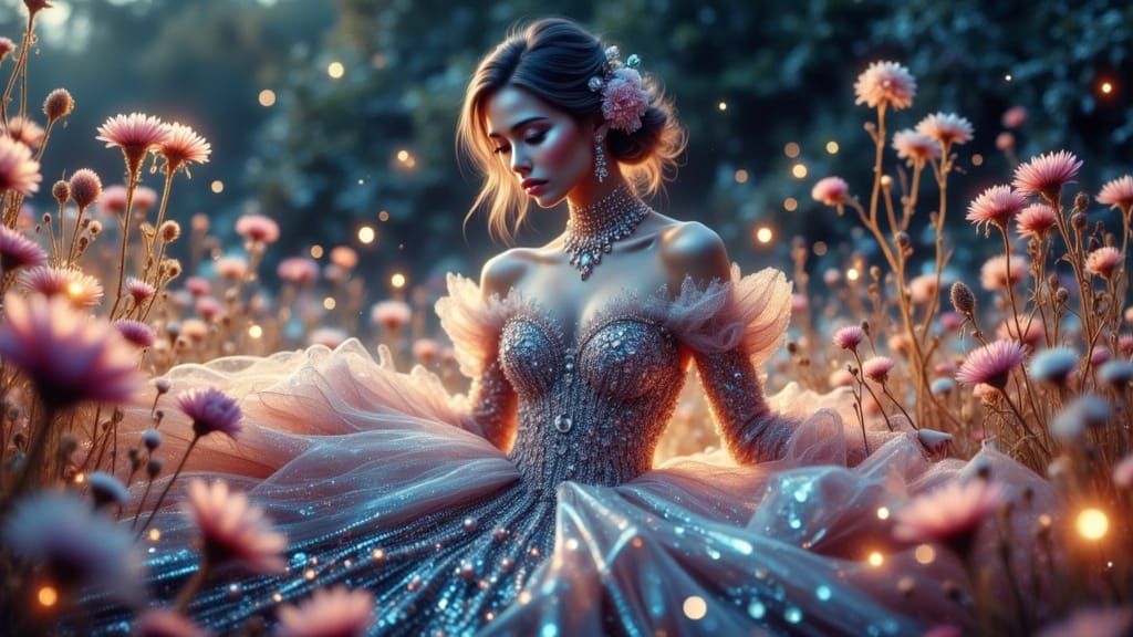 Floral Vogue Model in Glowing Field, Futuristic Style