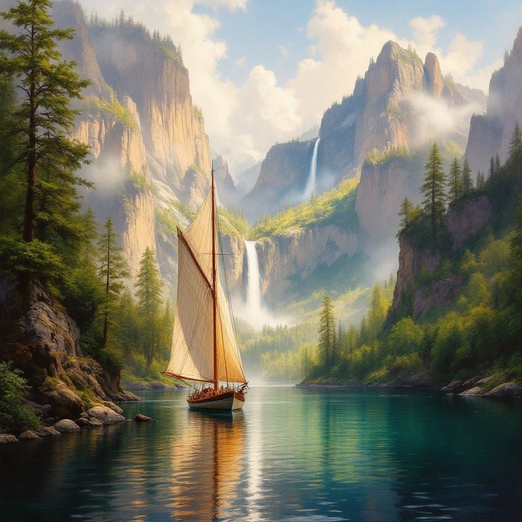Lush Waterscape with Sailboat in Romantic Style
