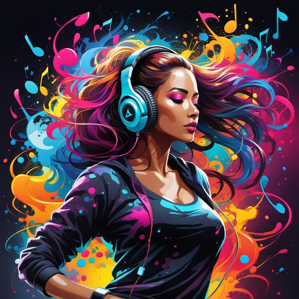 Girl Dancing with Music Notes in Graffiti Art