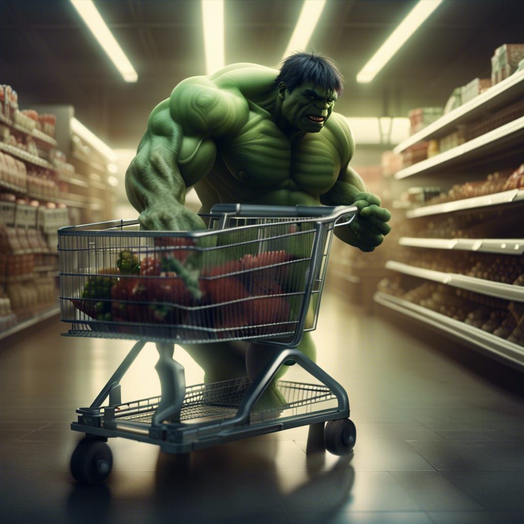 The incredible hulk pushing a shopping cart in a grocery store, a baby hulk is in the cart. bright lighting