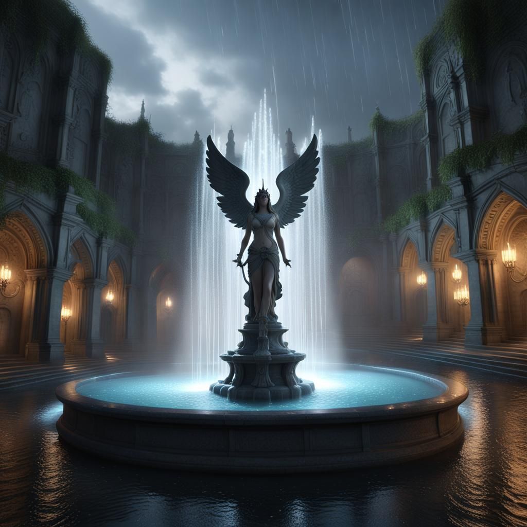 Gothic Goddess Fountain in Rain with Luminescent Symbols