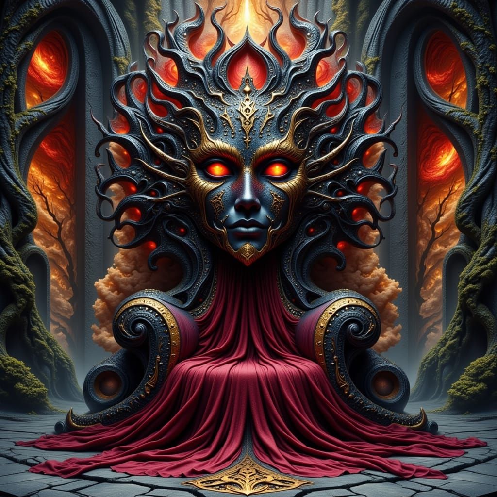 Ornate Celestial Mask Throne in Cosmic Ruins