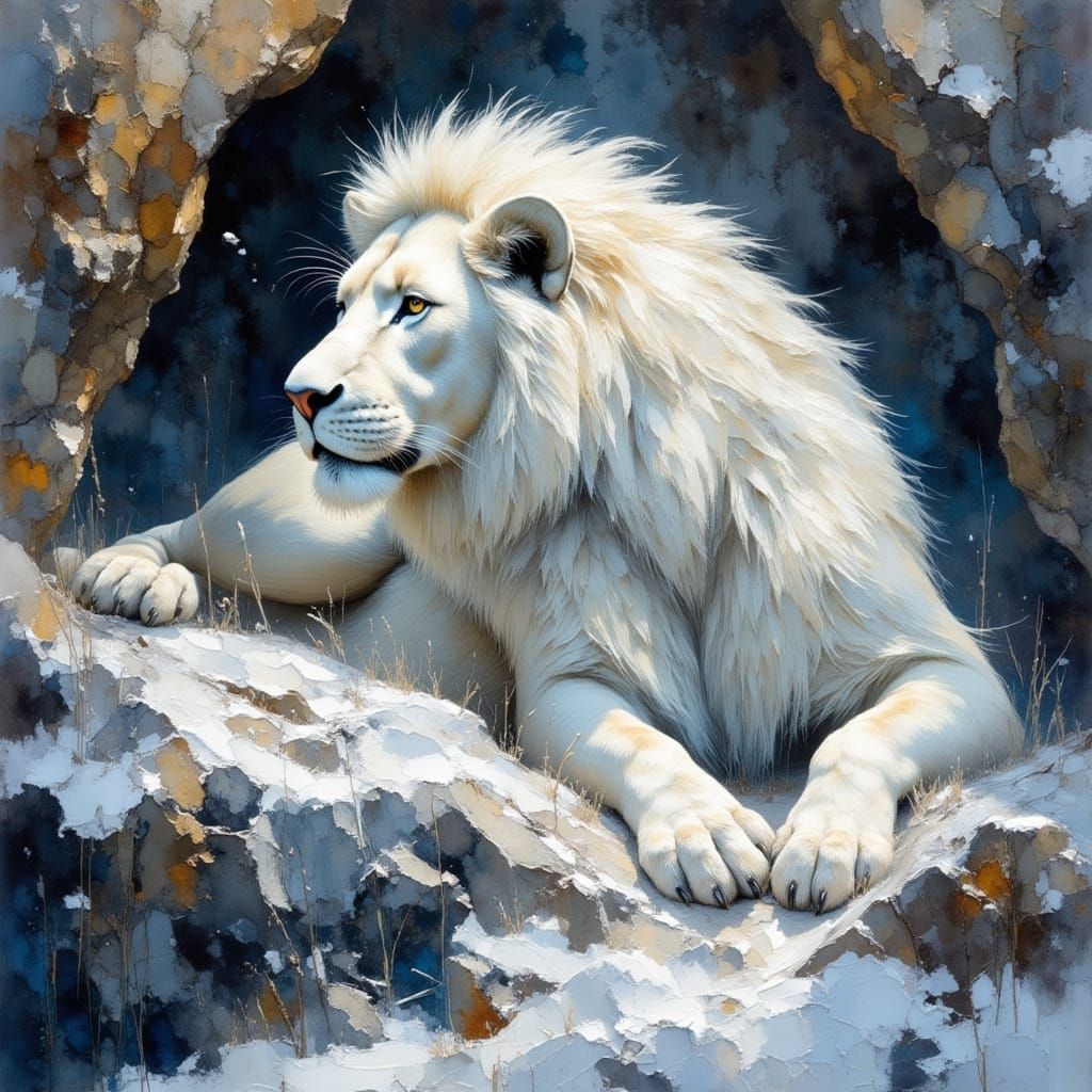 Majestic White Lion in Rocky Cave as Impasto Painting