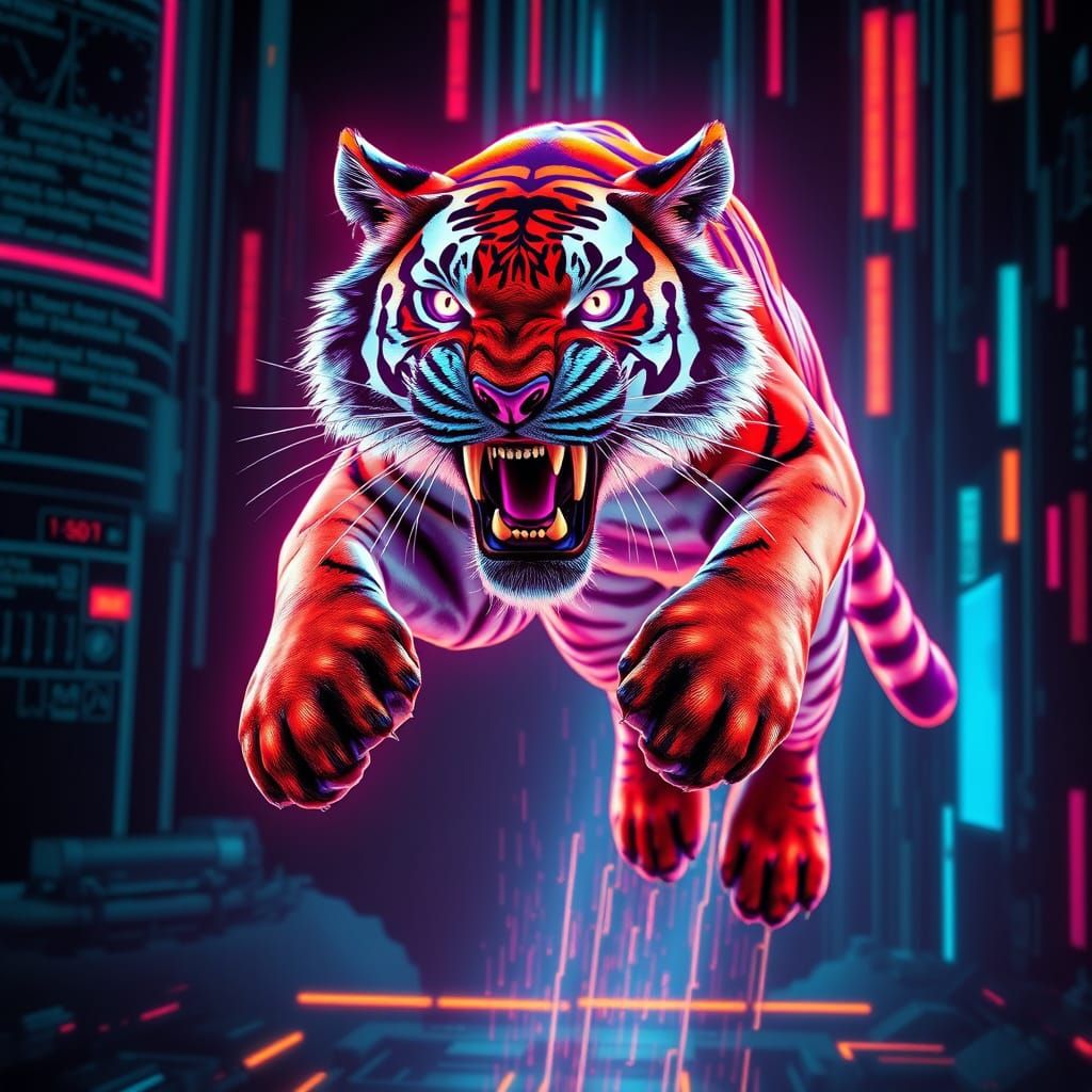 Cyberpunk Tiger Leaps Off Screen in Neon Colors