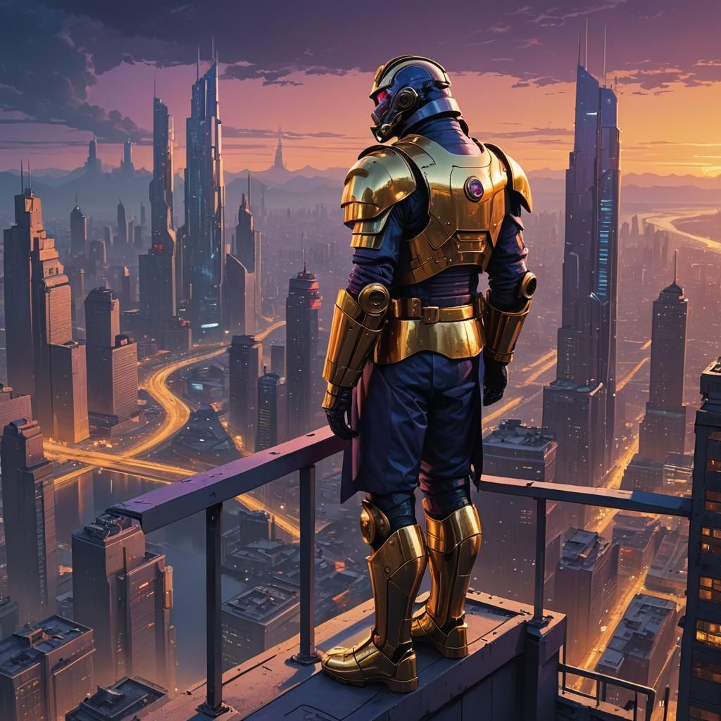 Powerful Dictator Dominates Dystopian Cityscape in Golden Li...