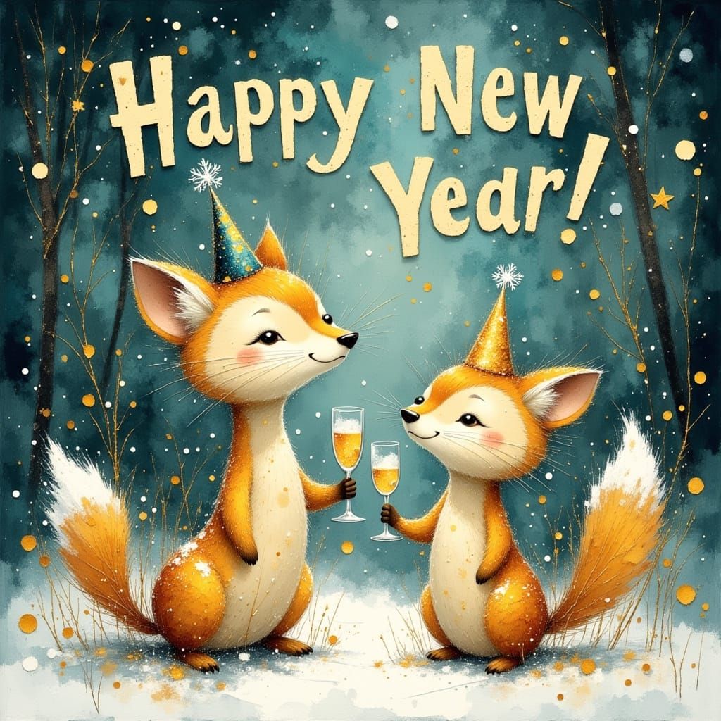 Forest Animals Toasting New Year in Snowy Enchanted Forest