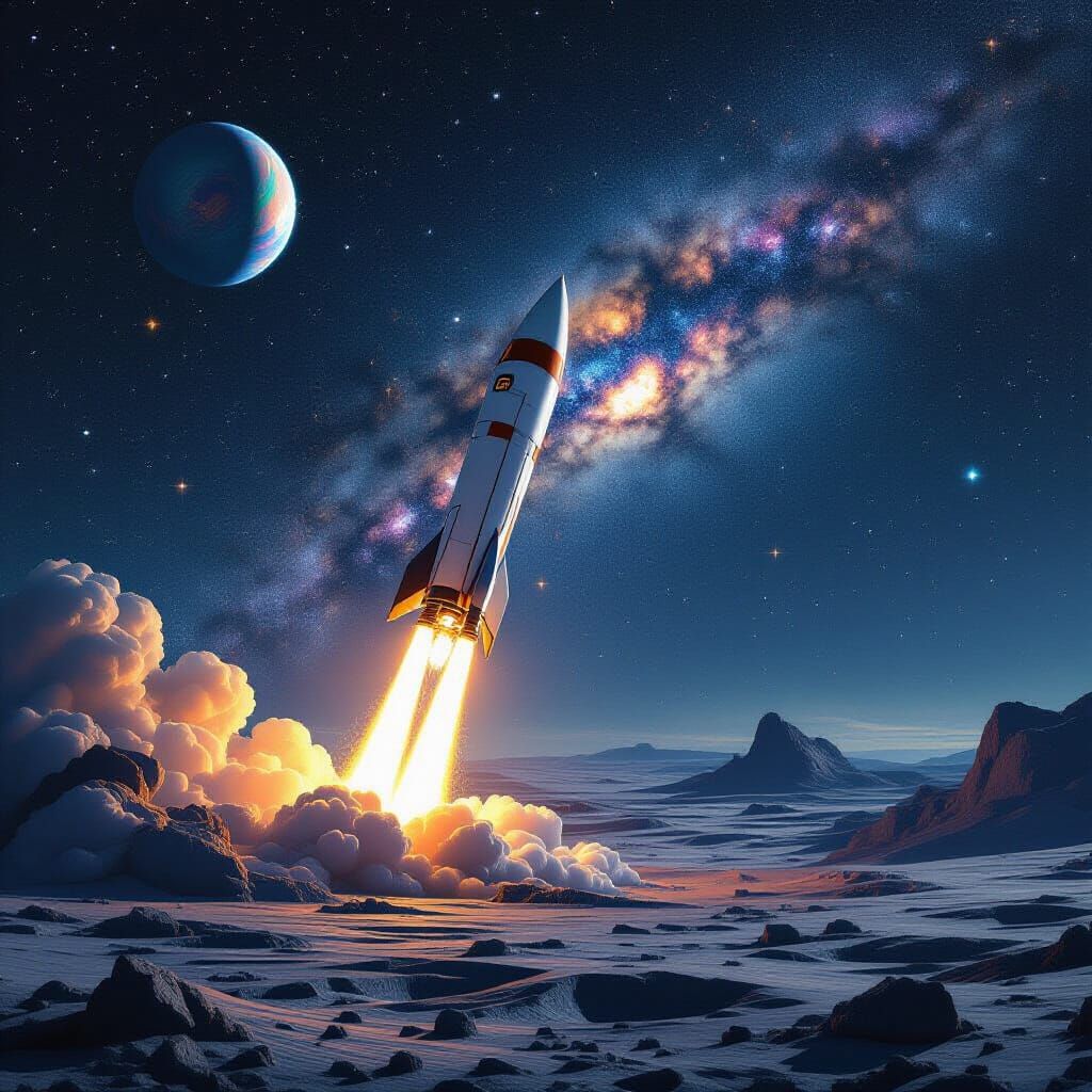 Retro-Futuristic Rocket Ascends from Lunar Surface