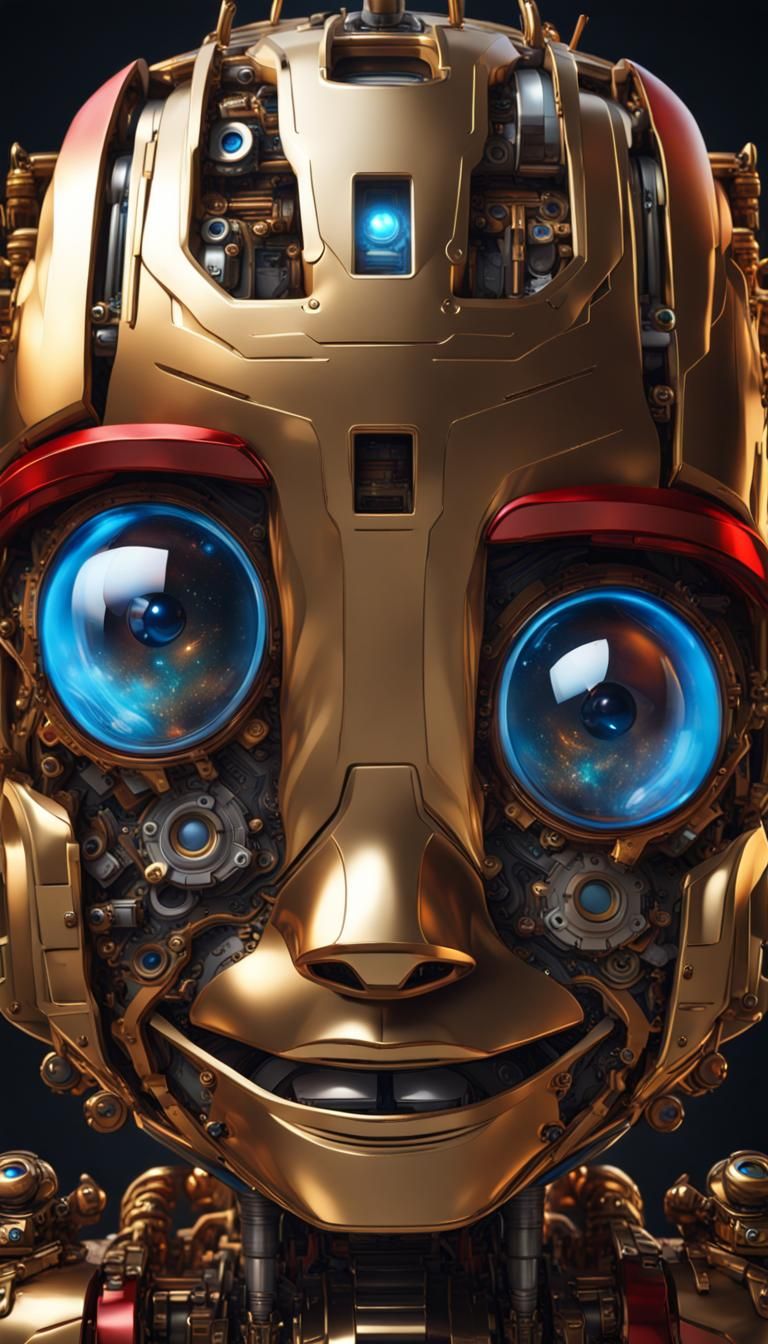 a (CHIBI) robot face with blue eyes,