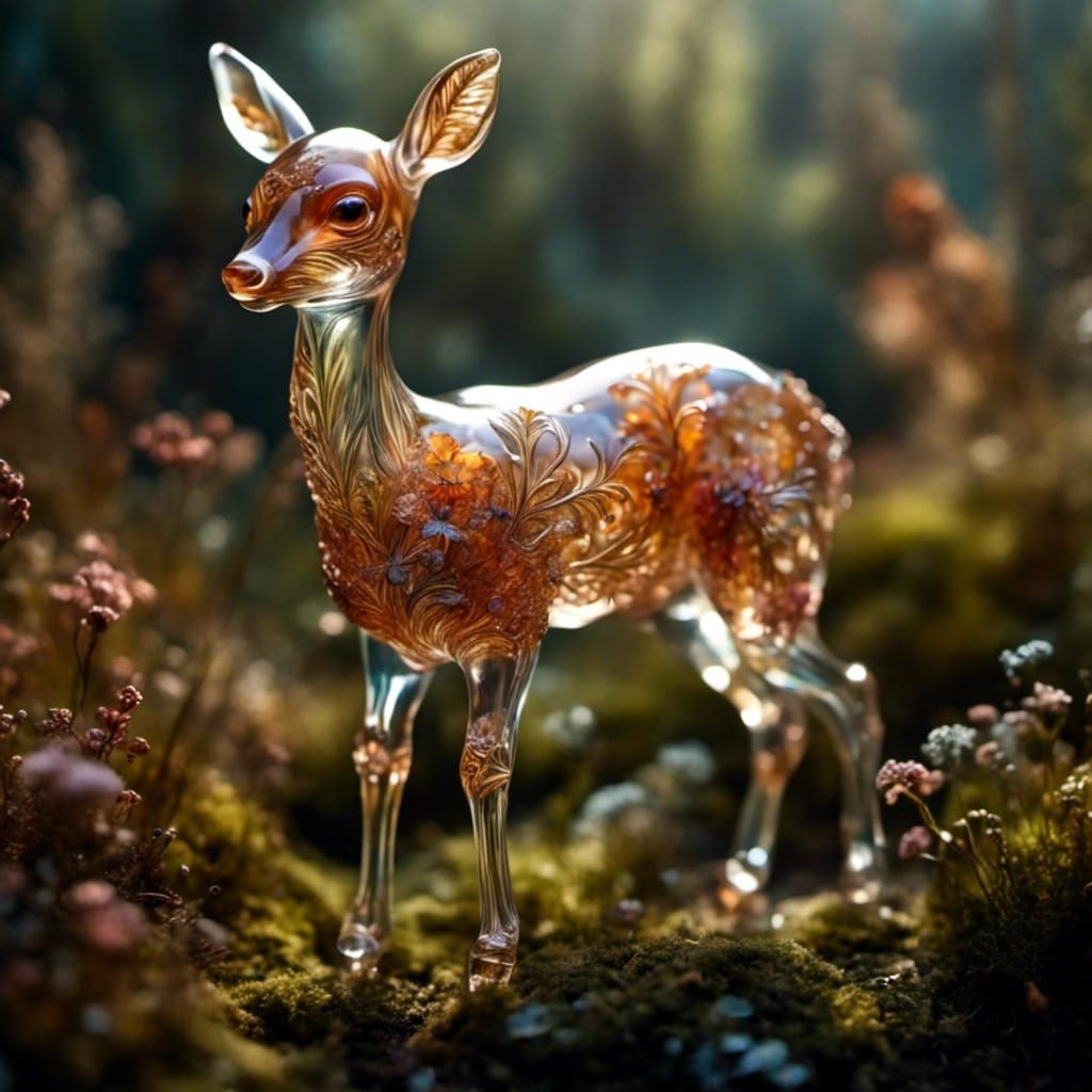 Intricate Fenton Glass Fawn in Field, Hyperrealistic