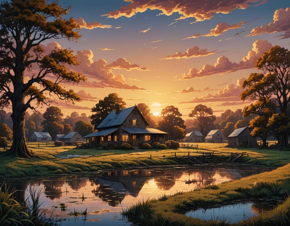 Rural Farm Pond at Golden Hour: Matte Painting
