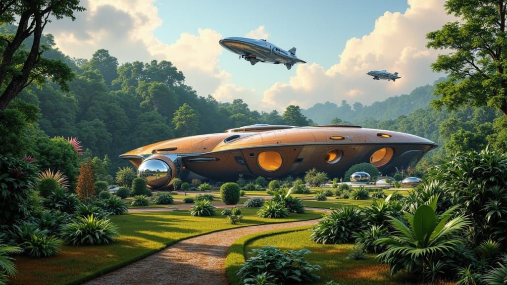 Googie Style Jungle Base with Sci-Fi Spaceships