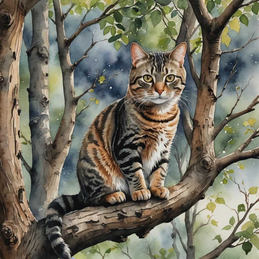 Watercolor Tabby Cat in Tree