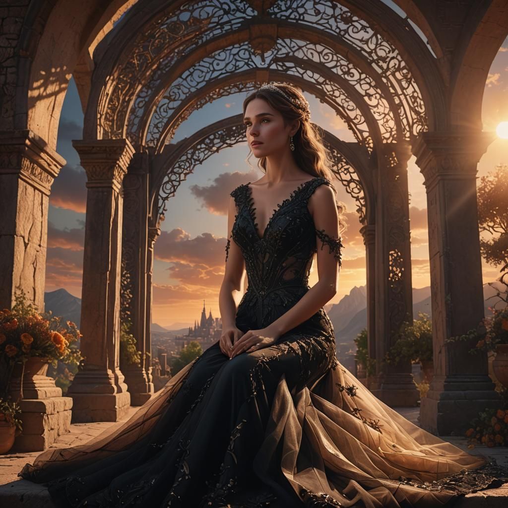 Woman in Black Tulle Dress at Sunset