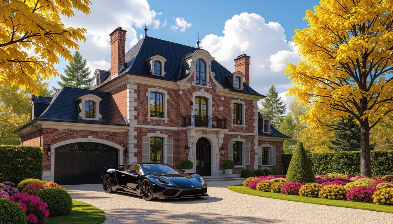Grand Chateau with Black Supercar Amidst Vibrant Garden