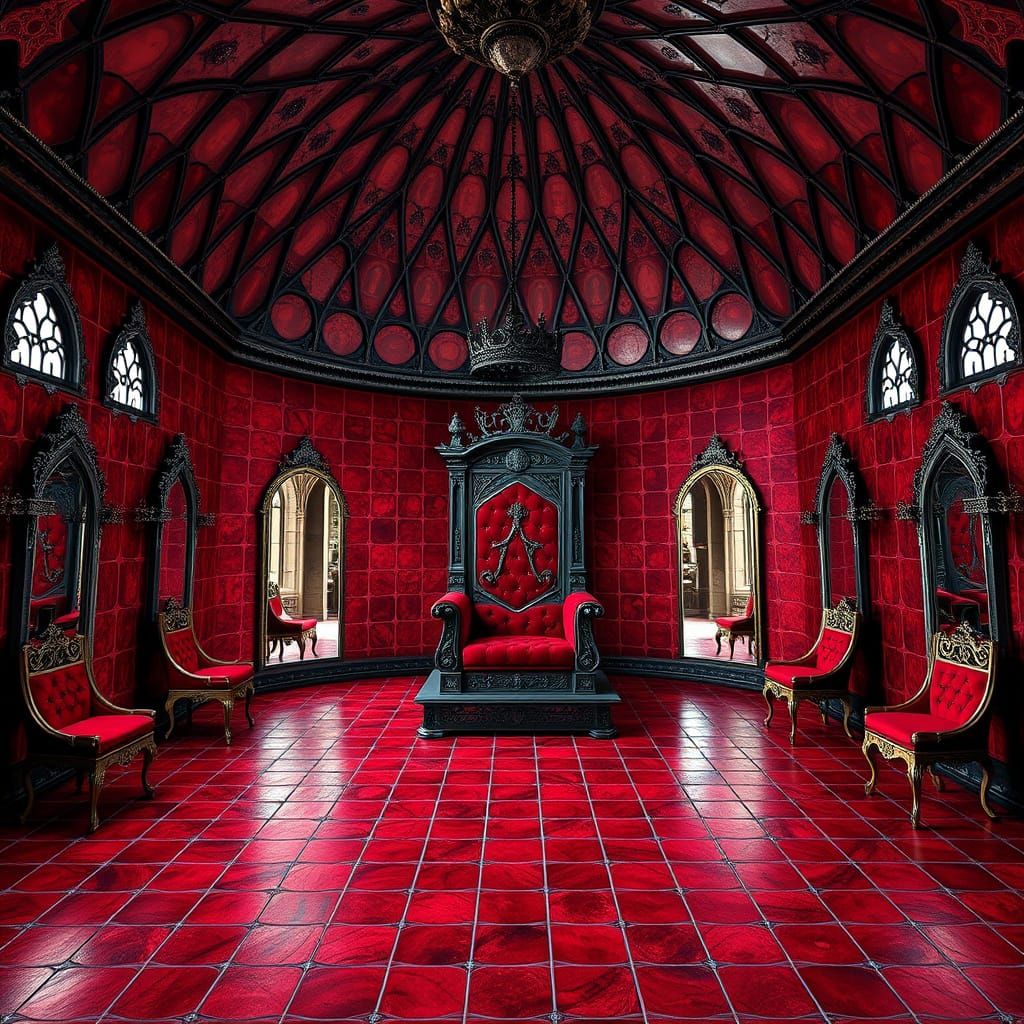Scarlet Tudor Throne Room with Infinity Mirrors