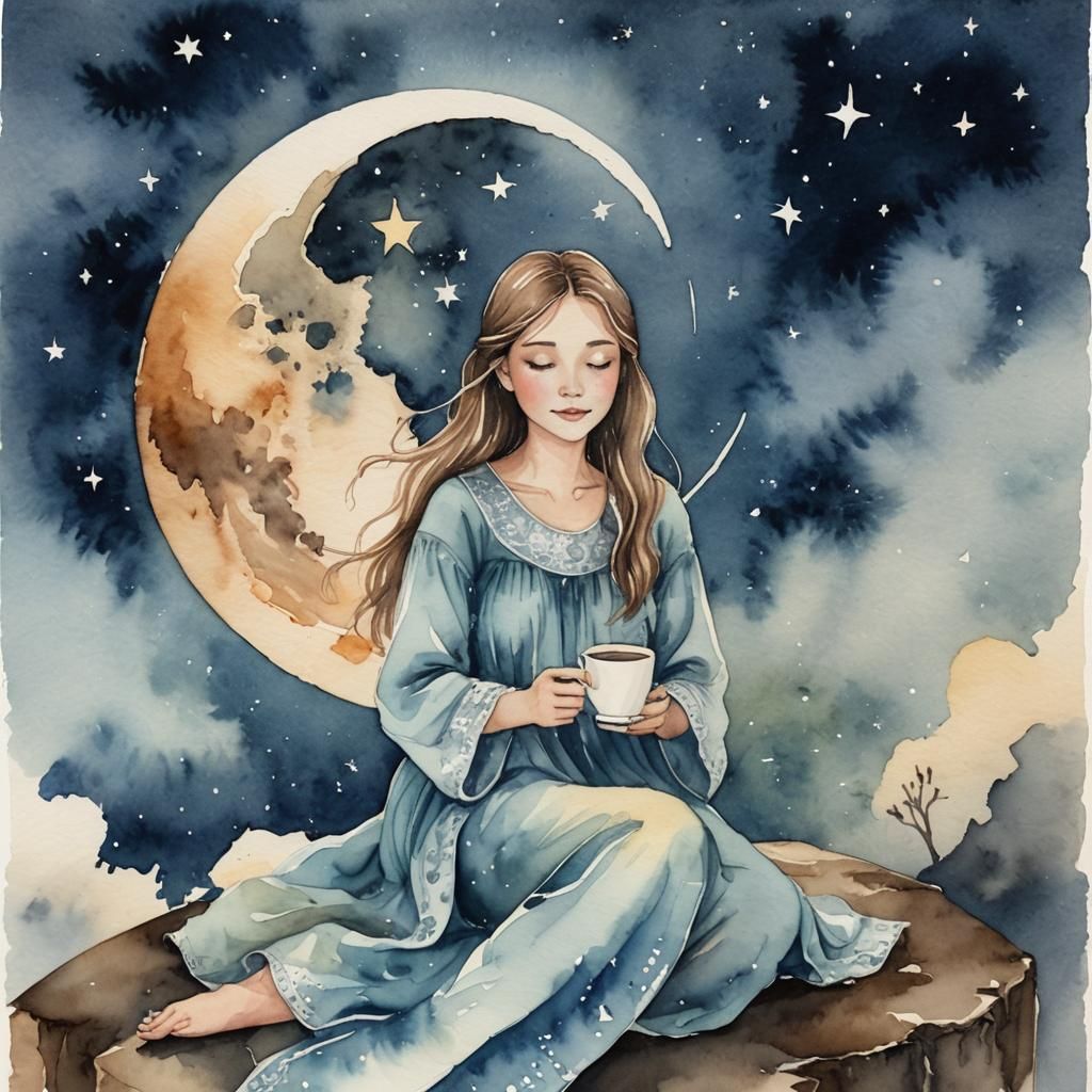 Girl on Moon with Hot Chocolate, Watercolour Painting