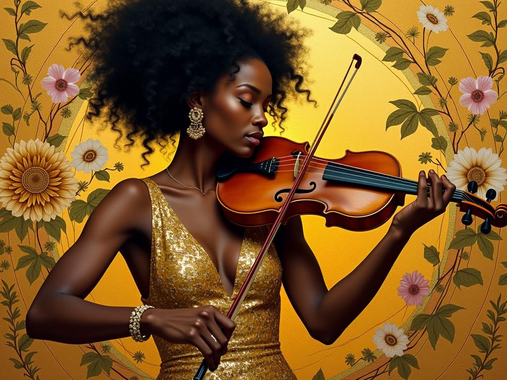 Elegant Woman Playing Violin in Klimt Style