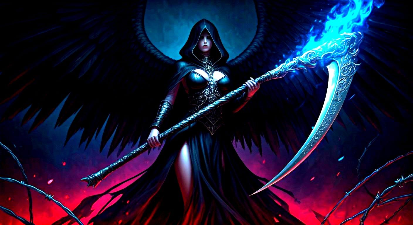Gothic Angel of Death with Blue Fire Scythe