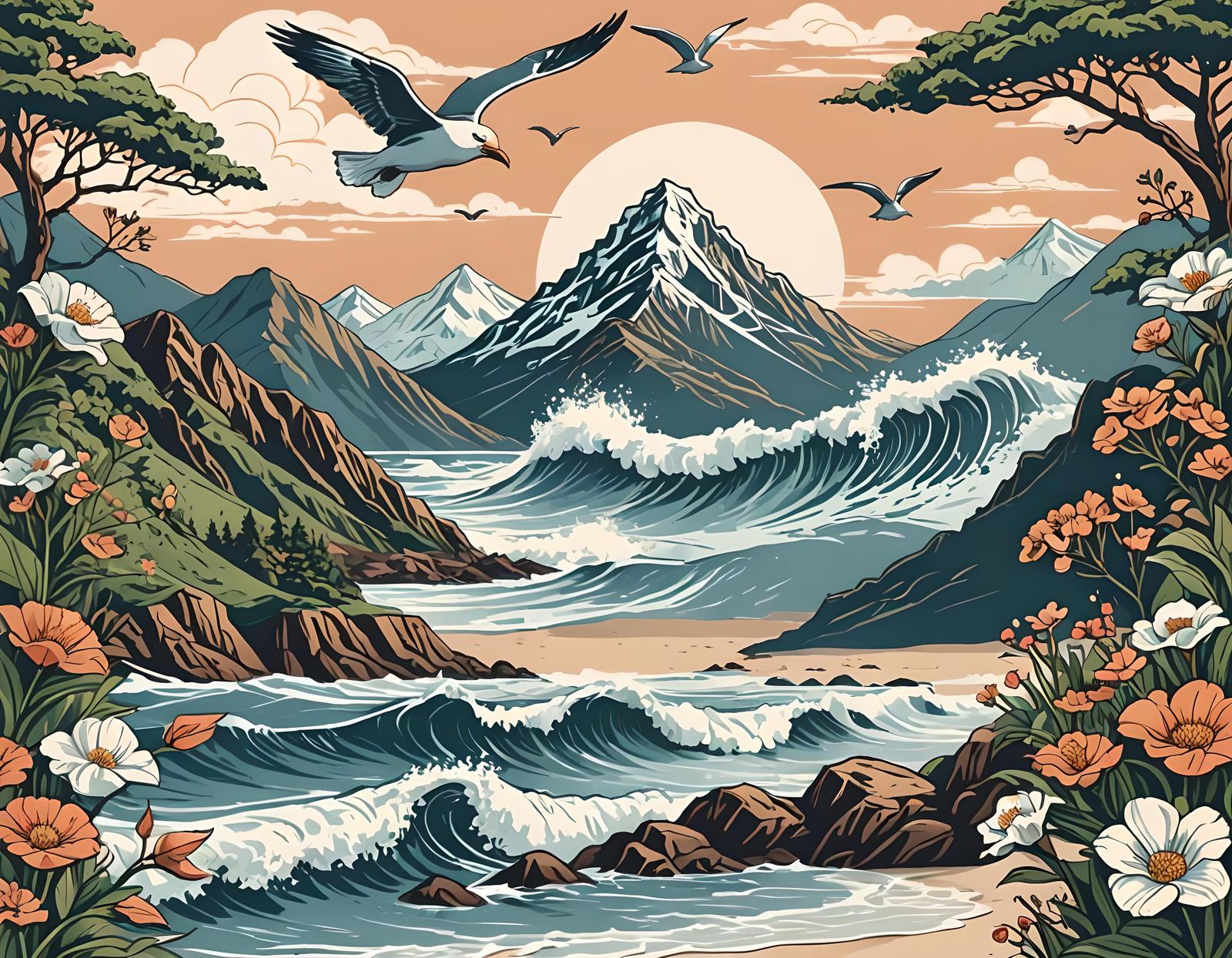 Majestic Mountain and Serene Beach Scene Design