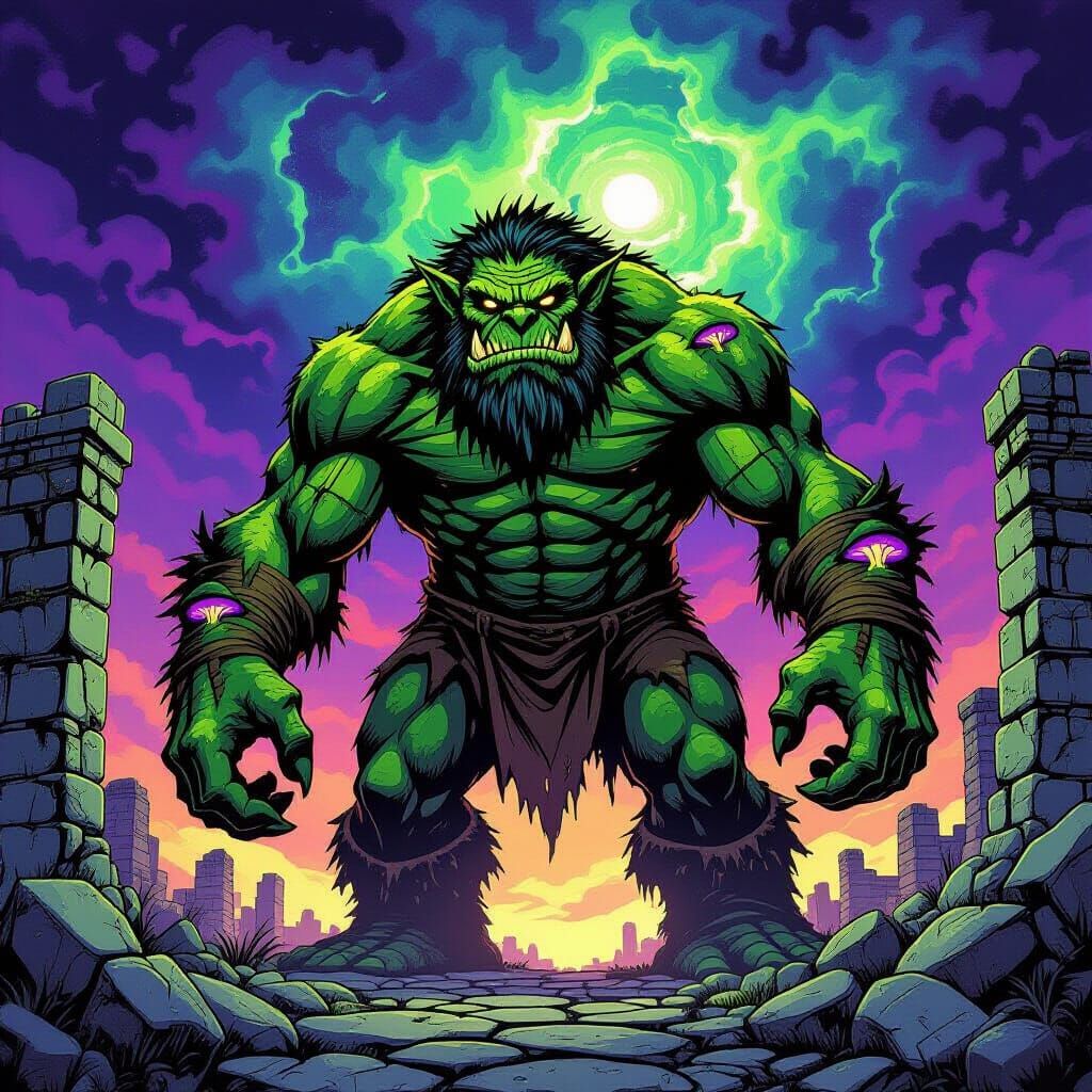 Mossy Troll Sentinel at Cosmic Archway in Comic Style