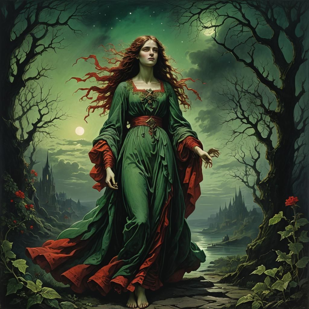 Ethereal Beauty in a Dark, Chiaroscuro Landscape with Green....