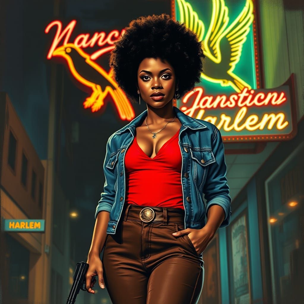 Retro African American Woman with Revolver in Noir Style
