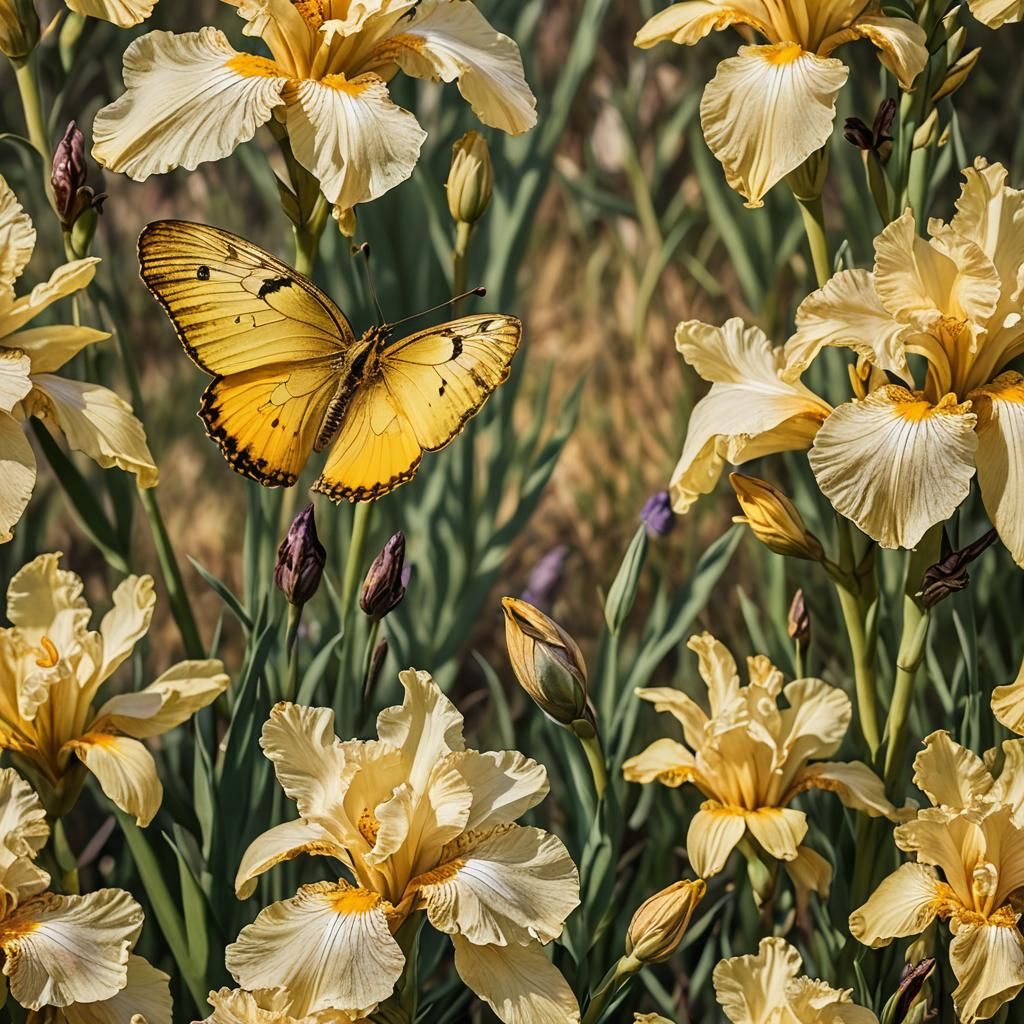 Yellow Butterfly on Iris in Macro Photography