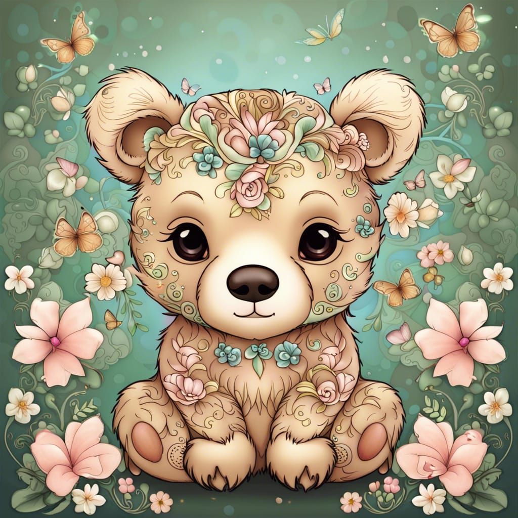 Chibi Bear Cub in Enchanted Floral Garden