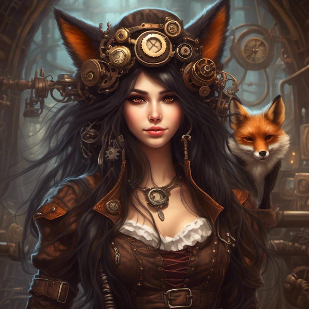 Steampunk Fox Girl with Dark Hair and Bright Eyes