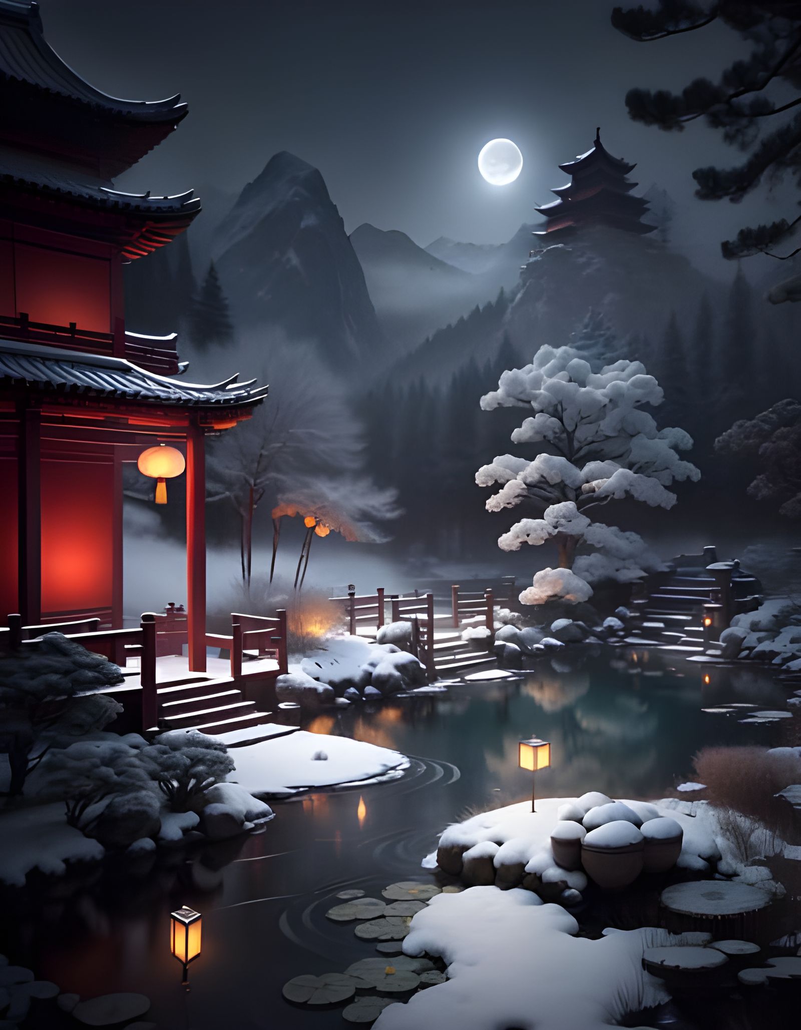 Snowy Asian Night Scene in Ink Wash Style